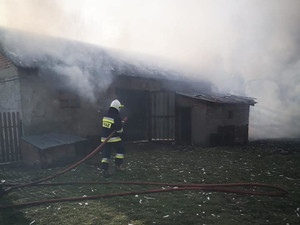 Służby podczas gaszenia pożaru budynku gospodarczego